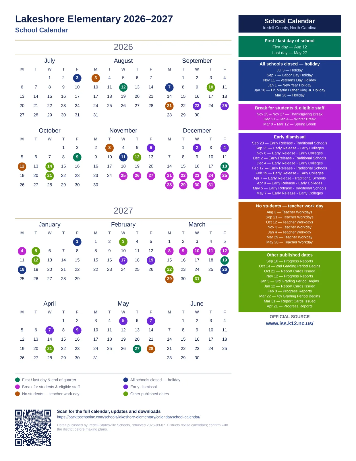 Lakeshore Elementary 2026–2027 printable calendar
