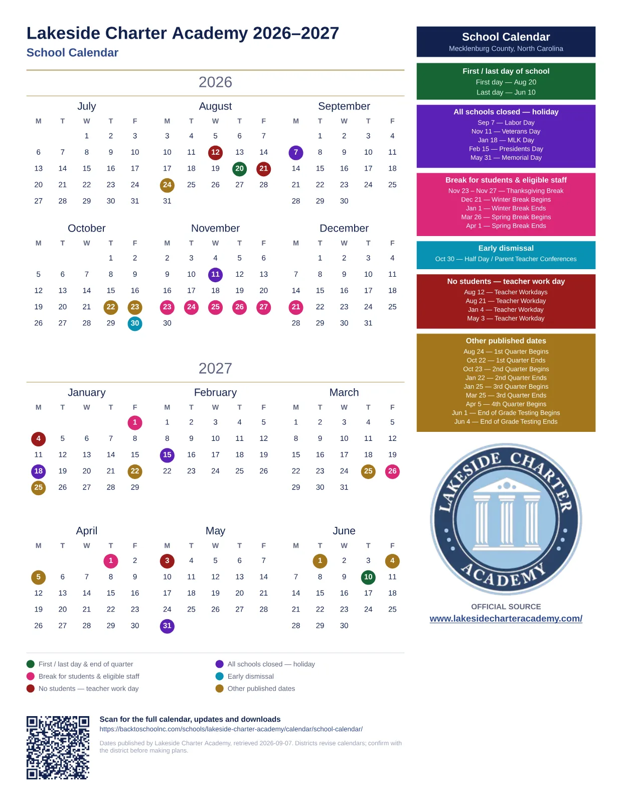 Lakeside Charter Academy School Calendar 2026–2027 printable calendar