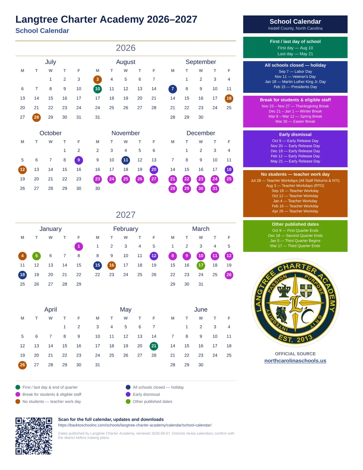 Langtree Charter Academy School Calendar 2026–2027 printable calendar
