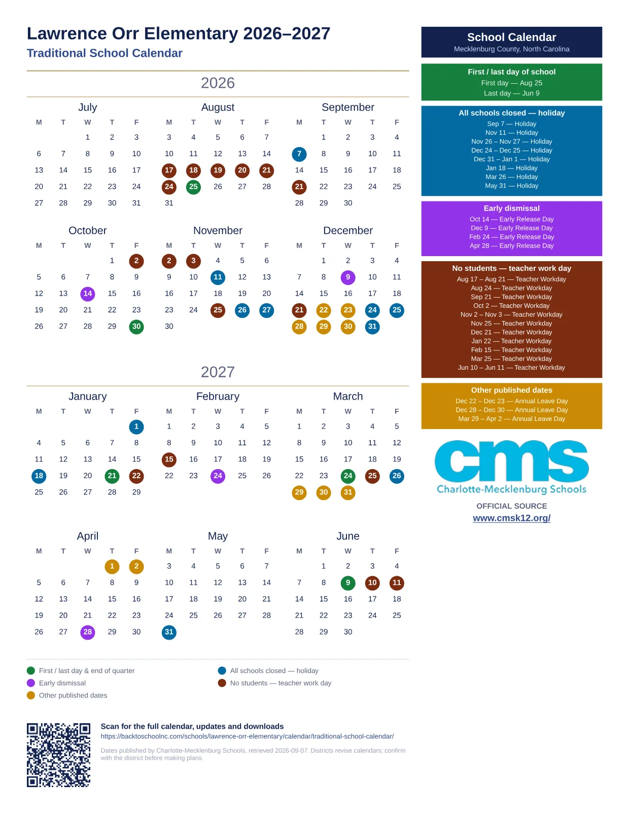 Lawrence Orr Elementary 2026–2027 printable calendar