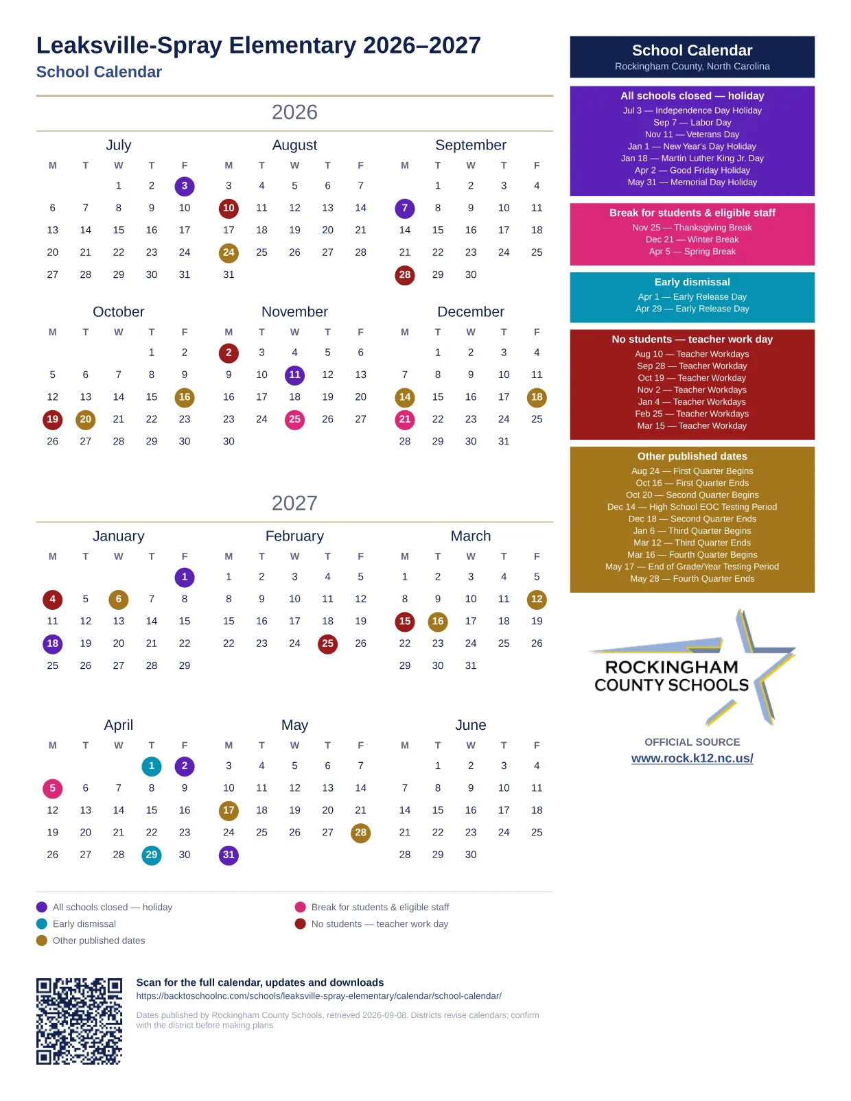 Leaksville-Spray Elementary  printable calendar
