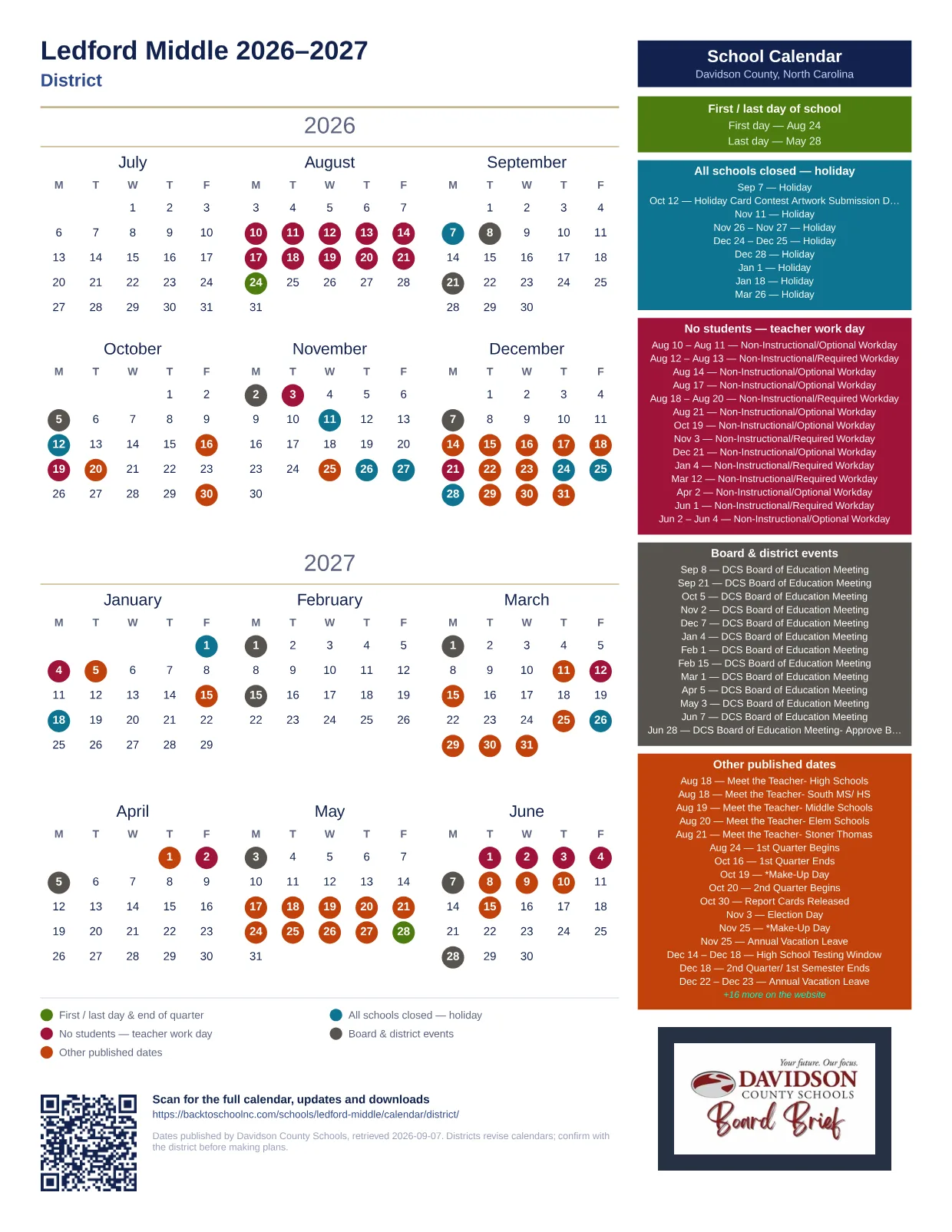Ledford Middle 2026–2027 printable calendar