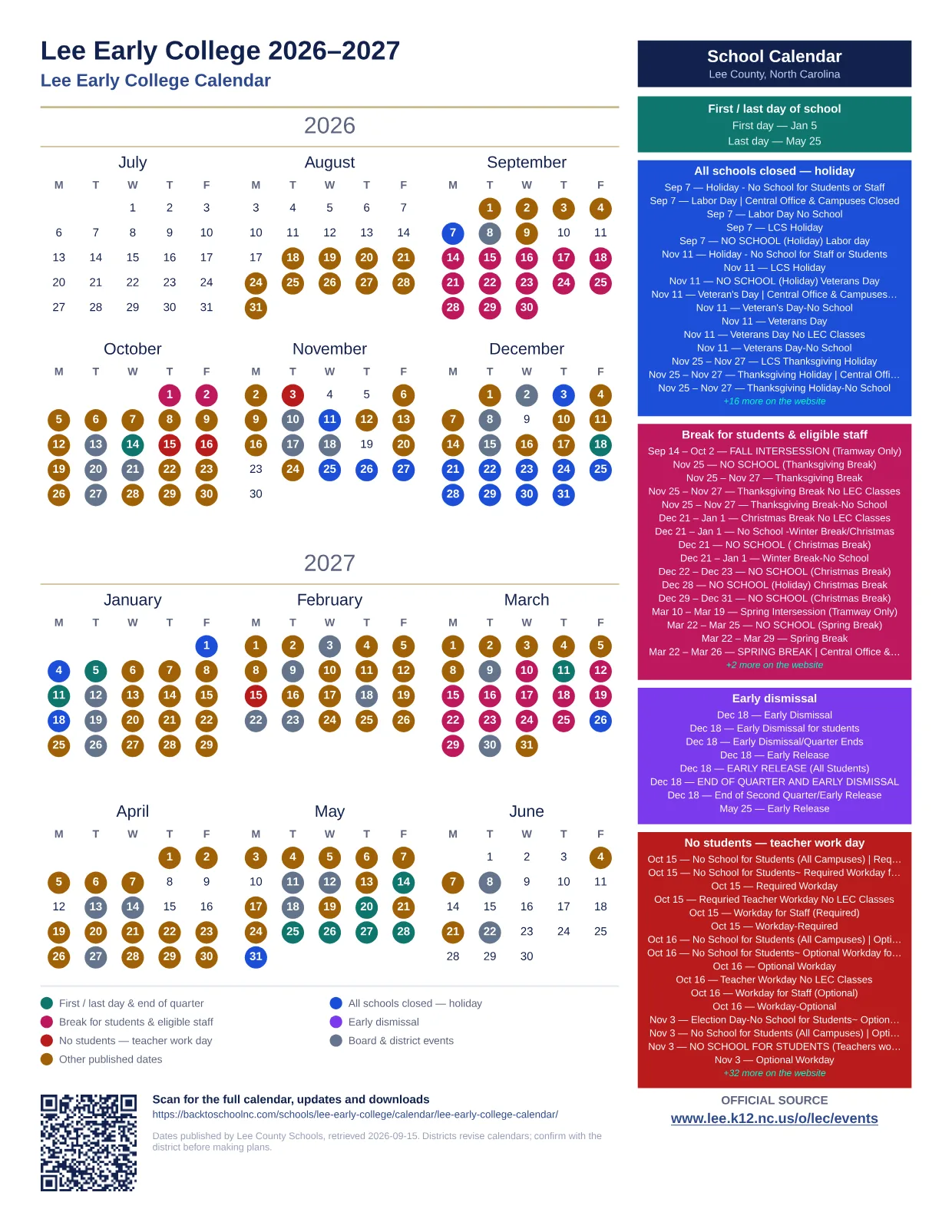 Lee Early College 2027–2028 printable calendar
