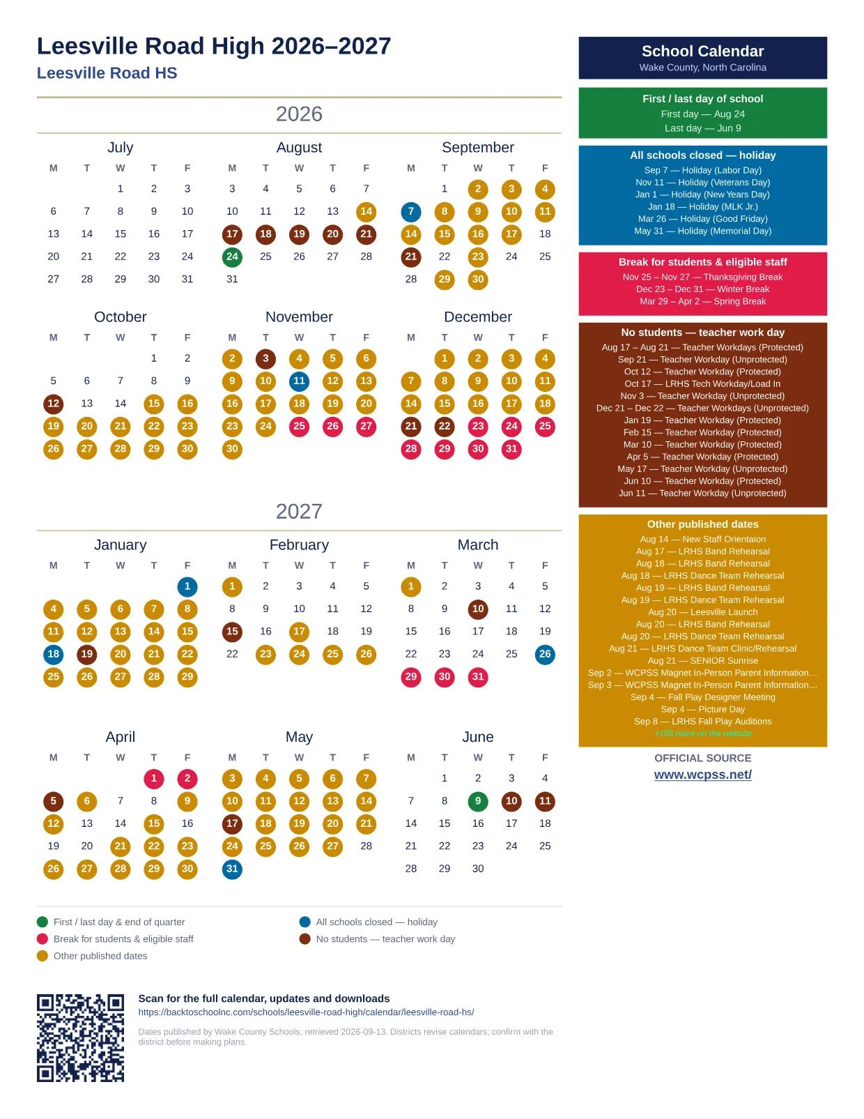 Leesville Road High 2026–2027 printable calendar