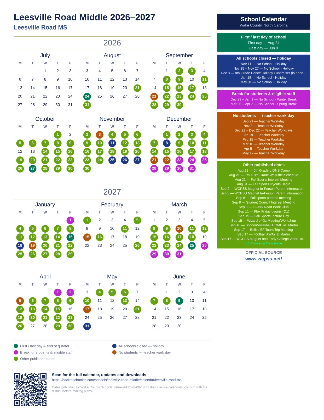 Leesville Road Middle 2026–2027 printable calendar