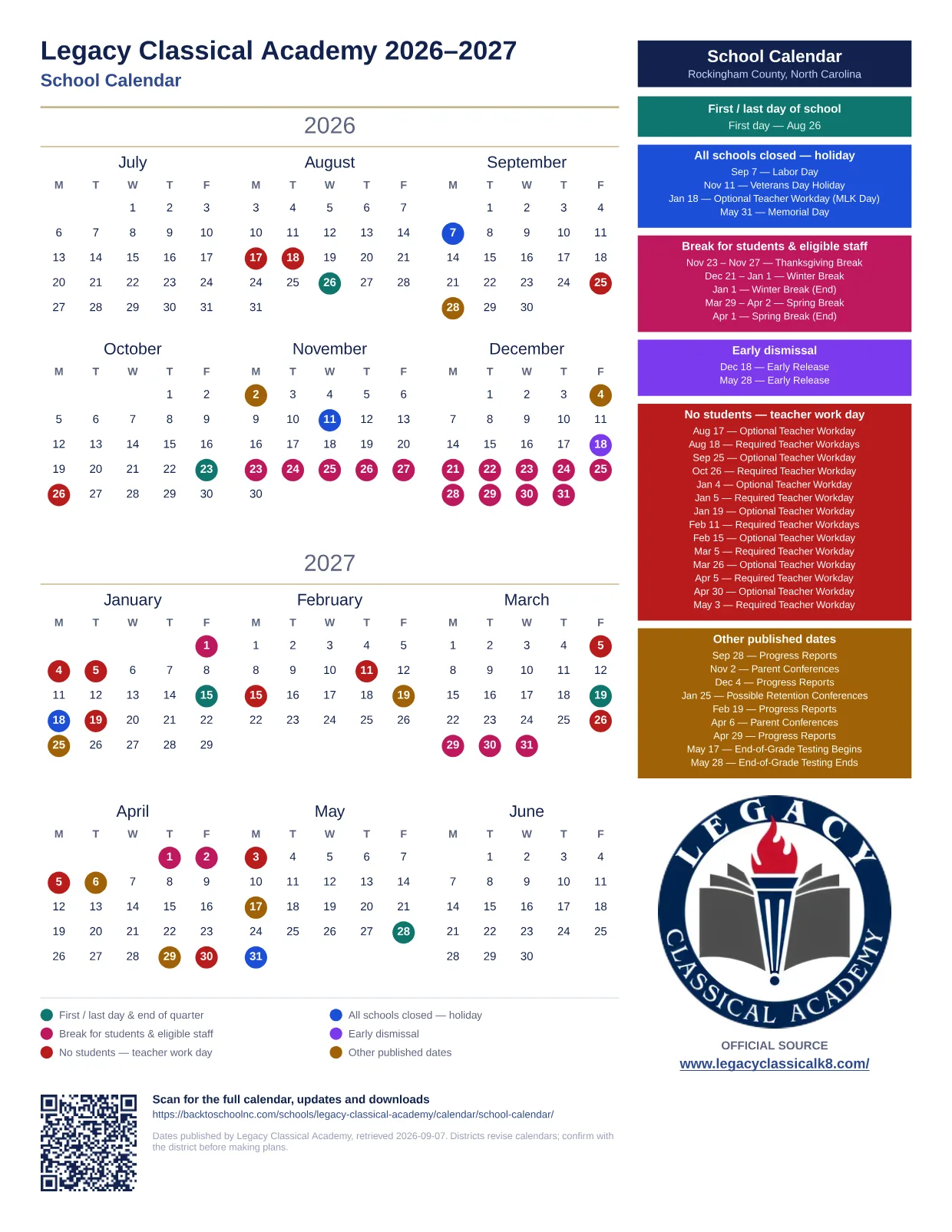 Legacy Classical Academy School Calendar 2026–2027 printable calendar
