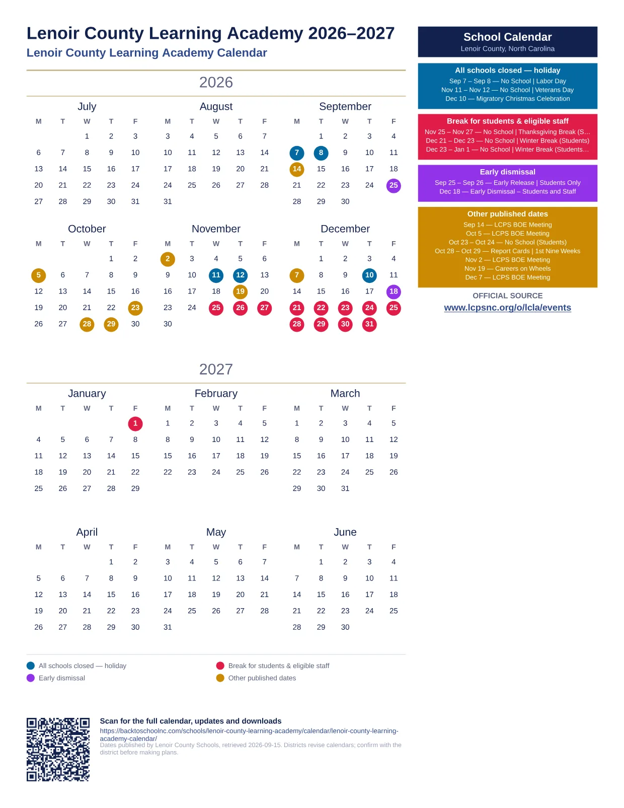 Lenoir County Learning Academy  printable calendar