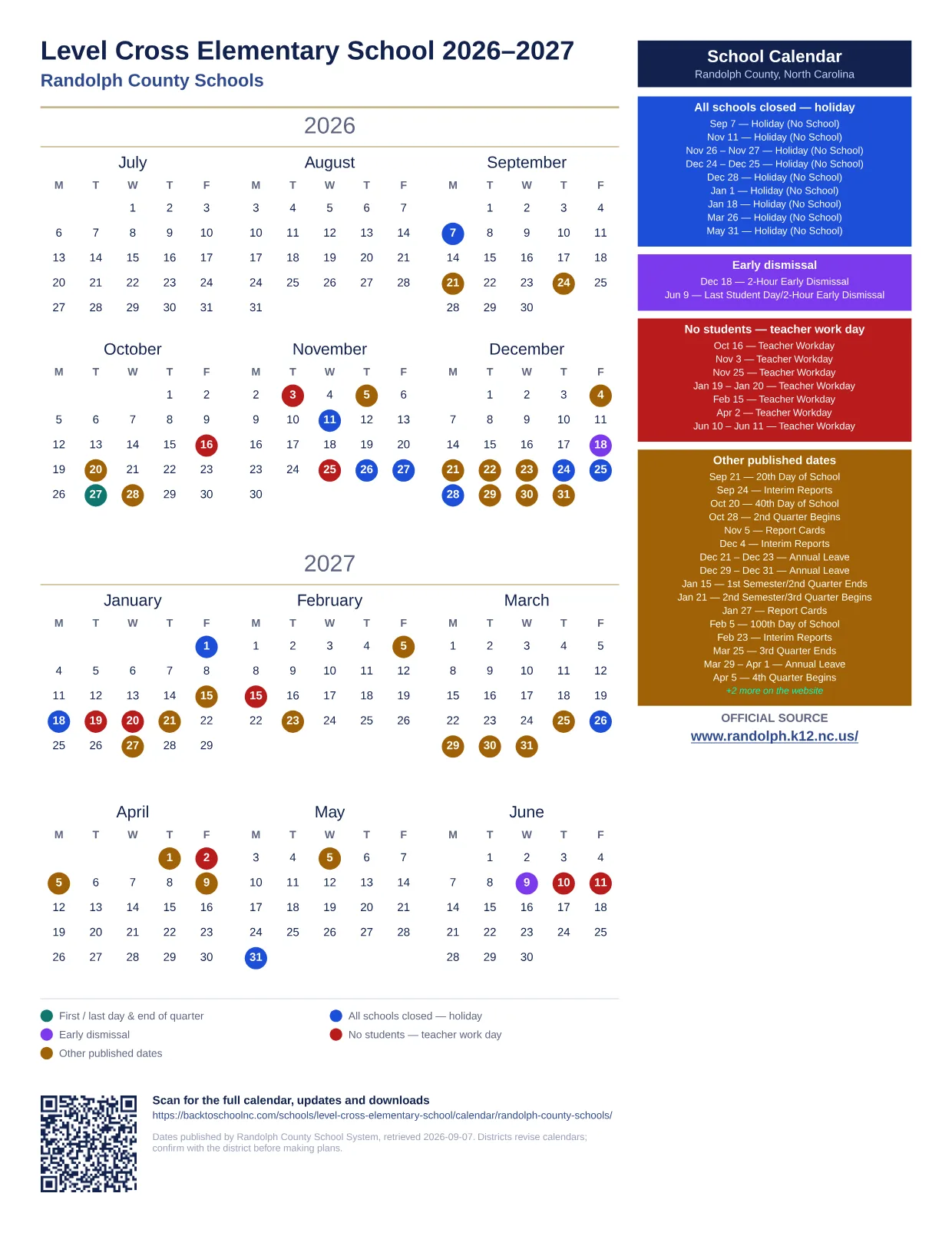 Level Cross Elementary School printable calendar