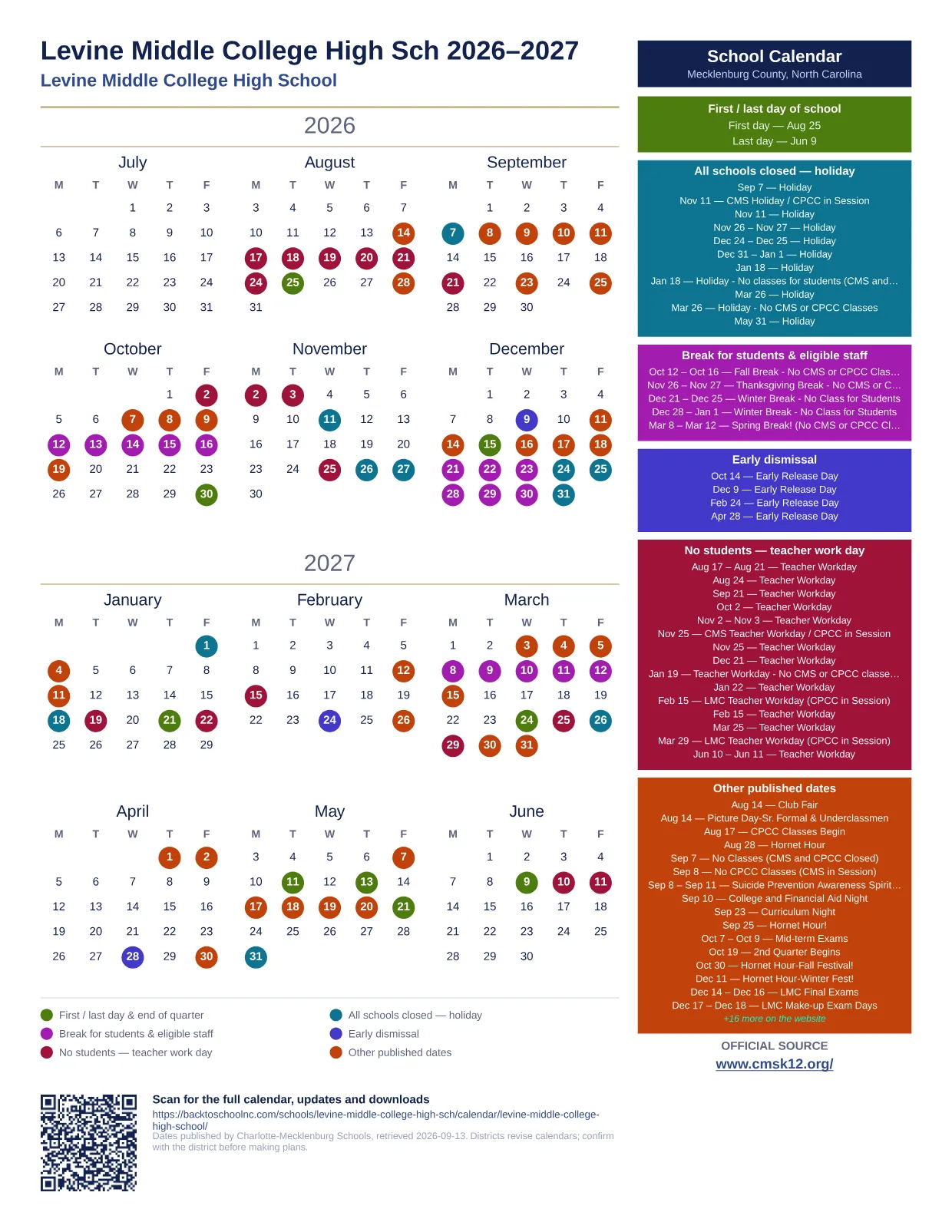 Levine Middle College High Sch 2026–2027 printable calendar