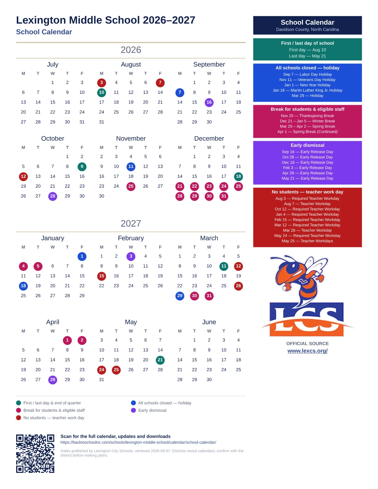 Lexington Middle School 2026–2027 printable calendar