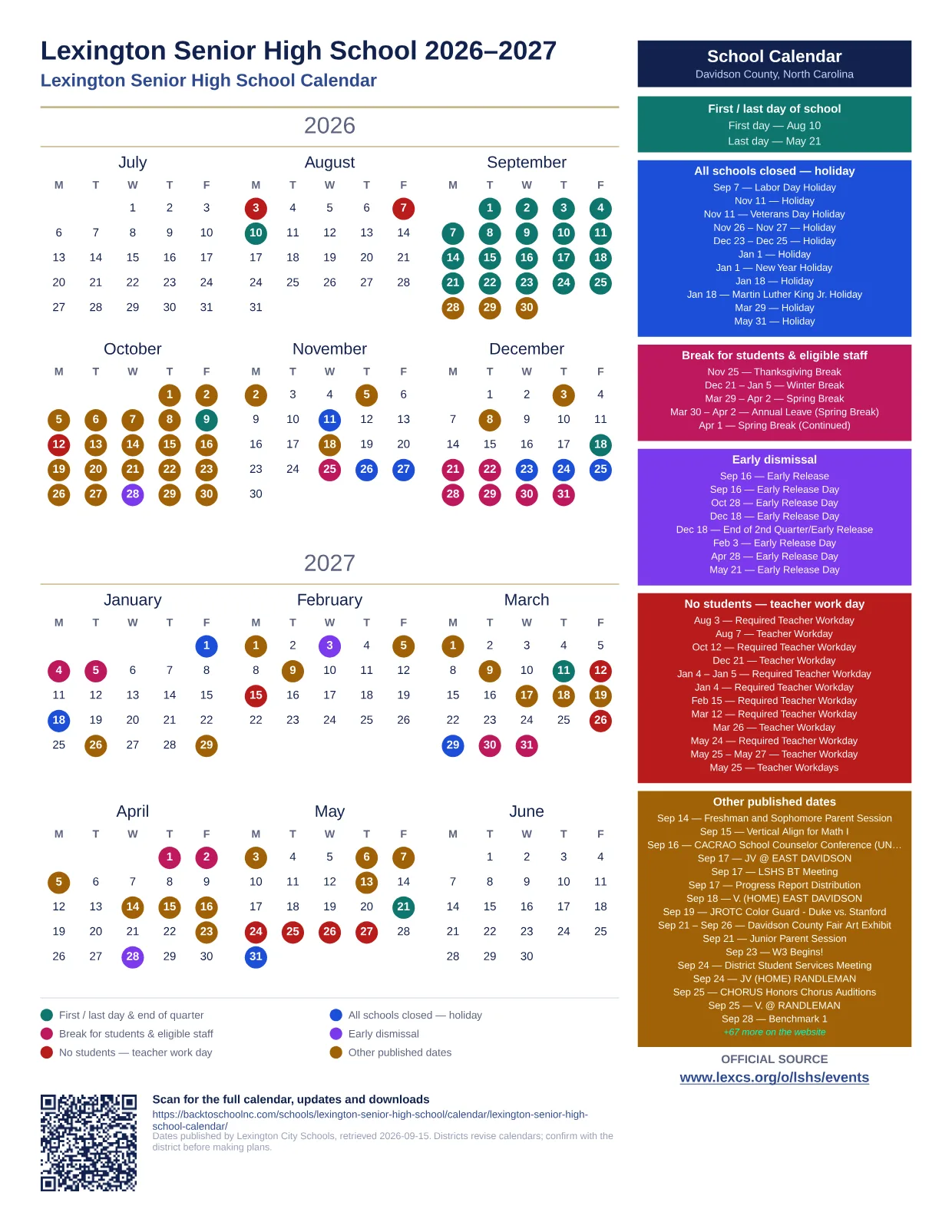 Lexington Senior High School 2026–2027 printable calendar