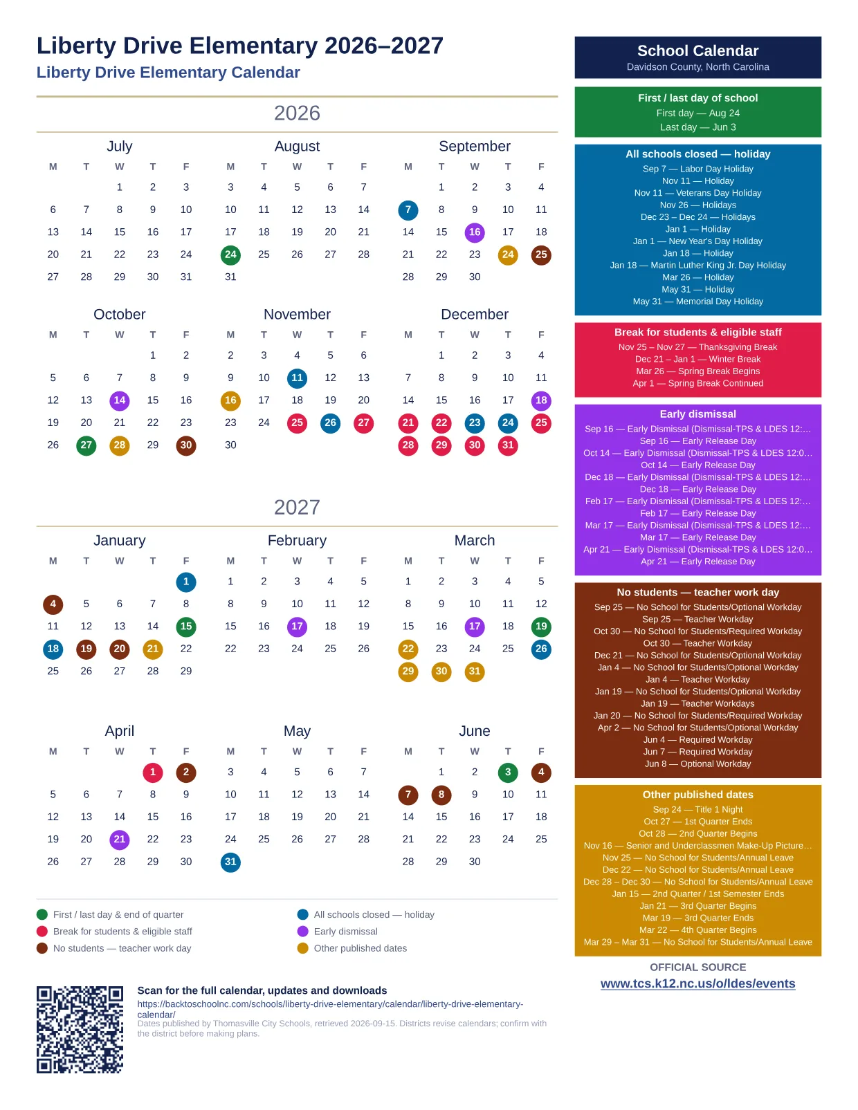 Liberty Drive Elementary 2026–2027 printable calendar