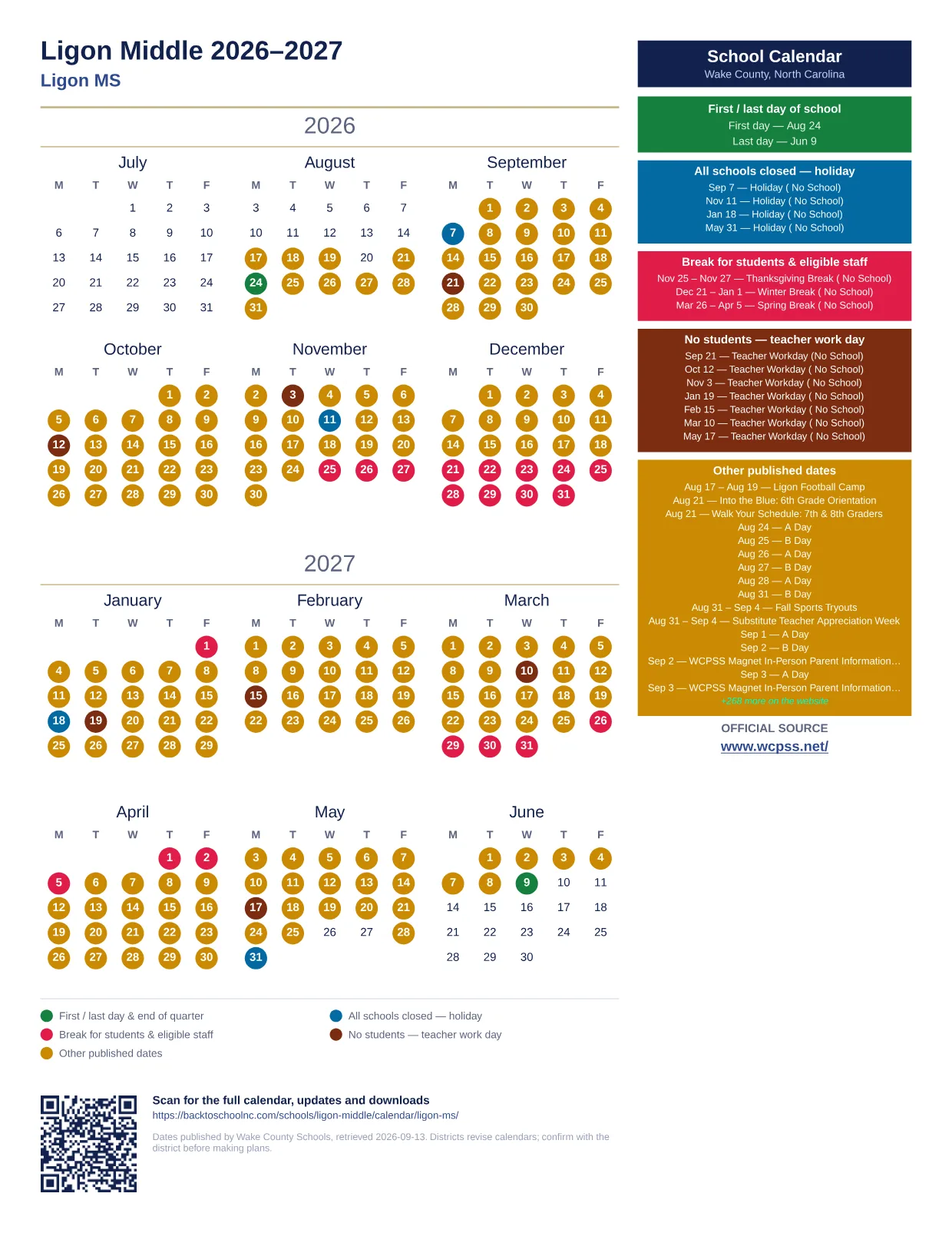 Ligon Middle 2026–2027 printable calendar