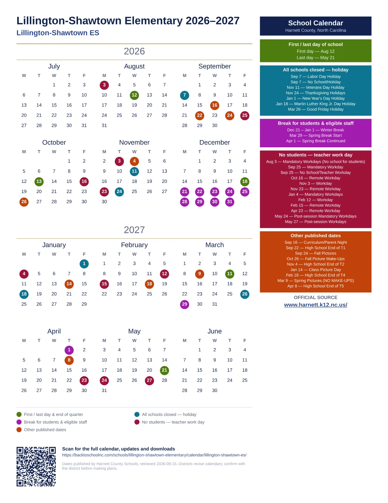 Lillington-Shawtown Elementary 2026–2027 printable calendar