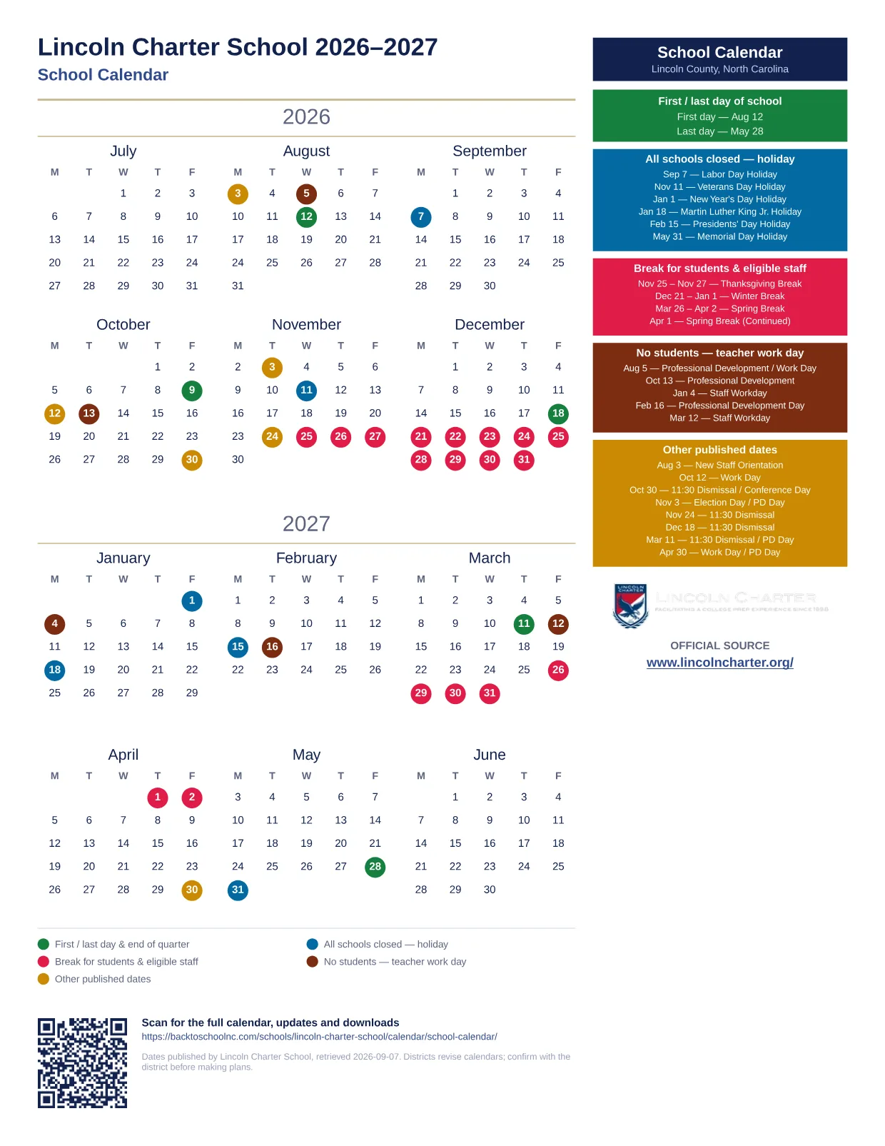 Lincoln Charter School School Calendar 2026–2027 printable calendar