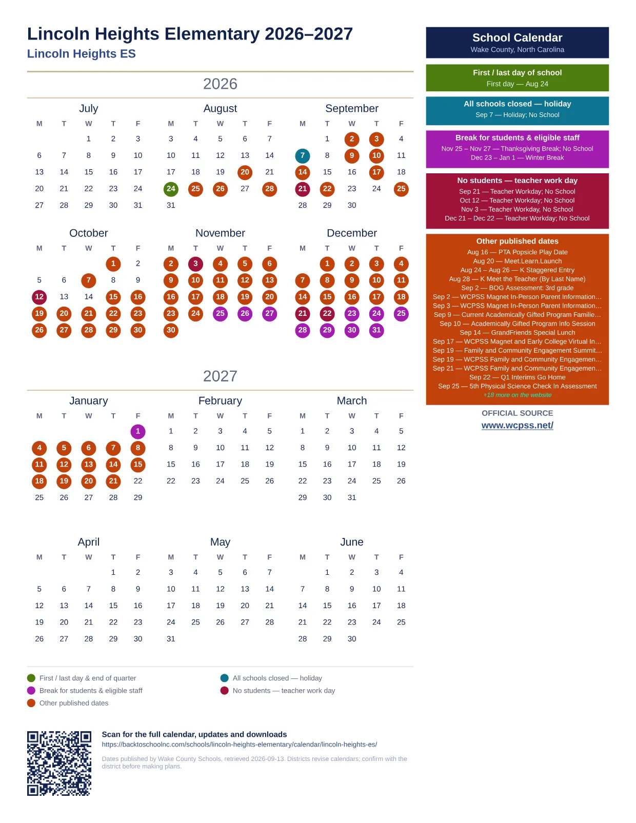 Lincoln Heights Elementary 2026–2027 printable calendar