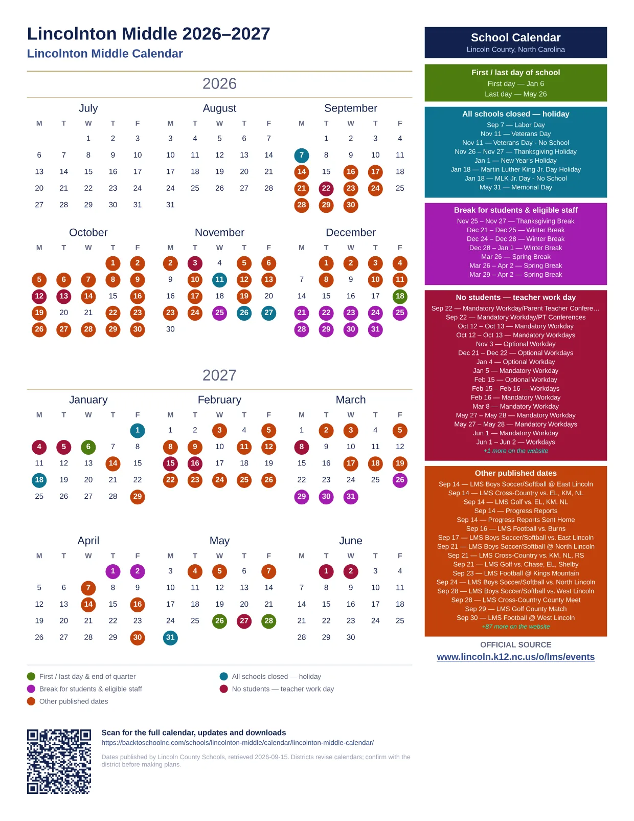 Lincolnton Middle 2027–2028 printable calendar