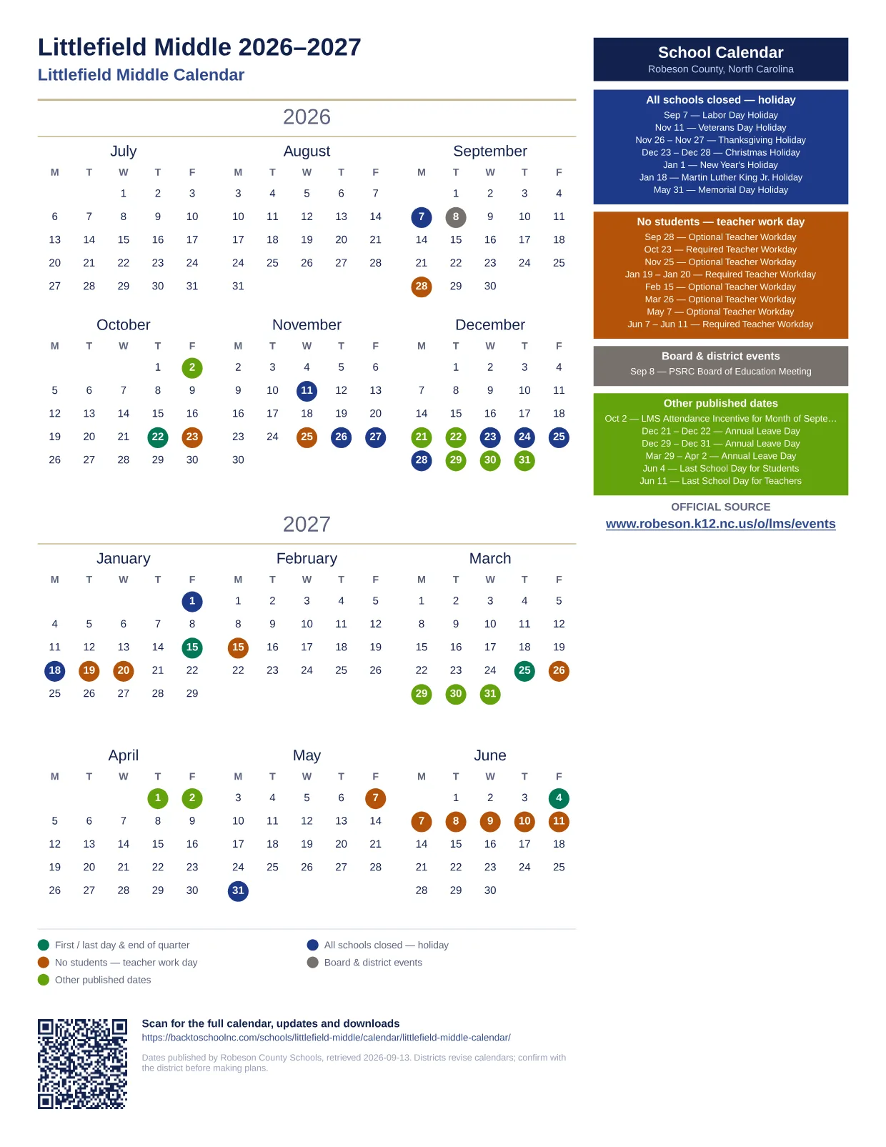 Littlefield Middle  printable calendar