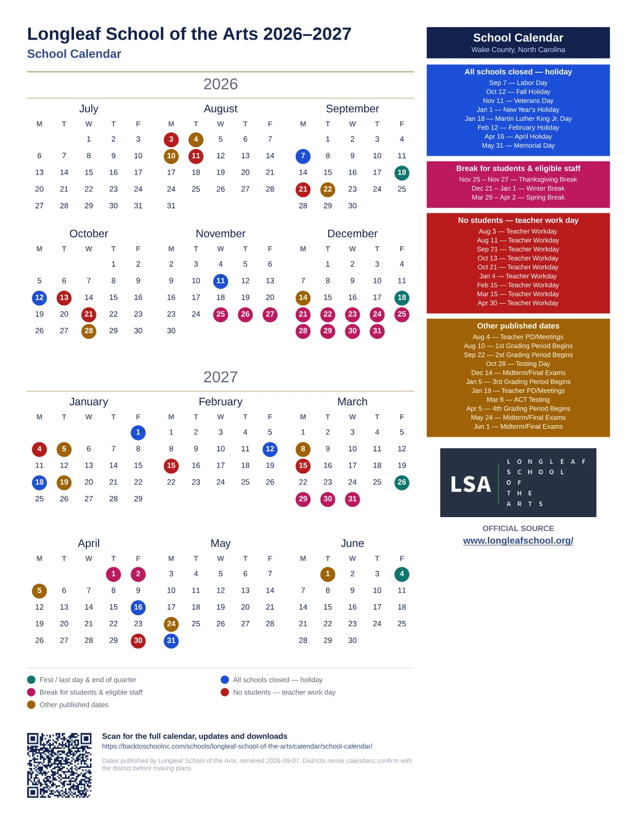 Longleaf School of the Arts School Calendar  printable calendar
