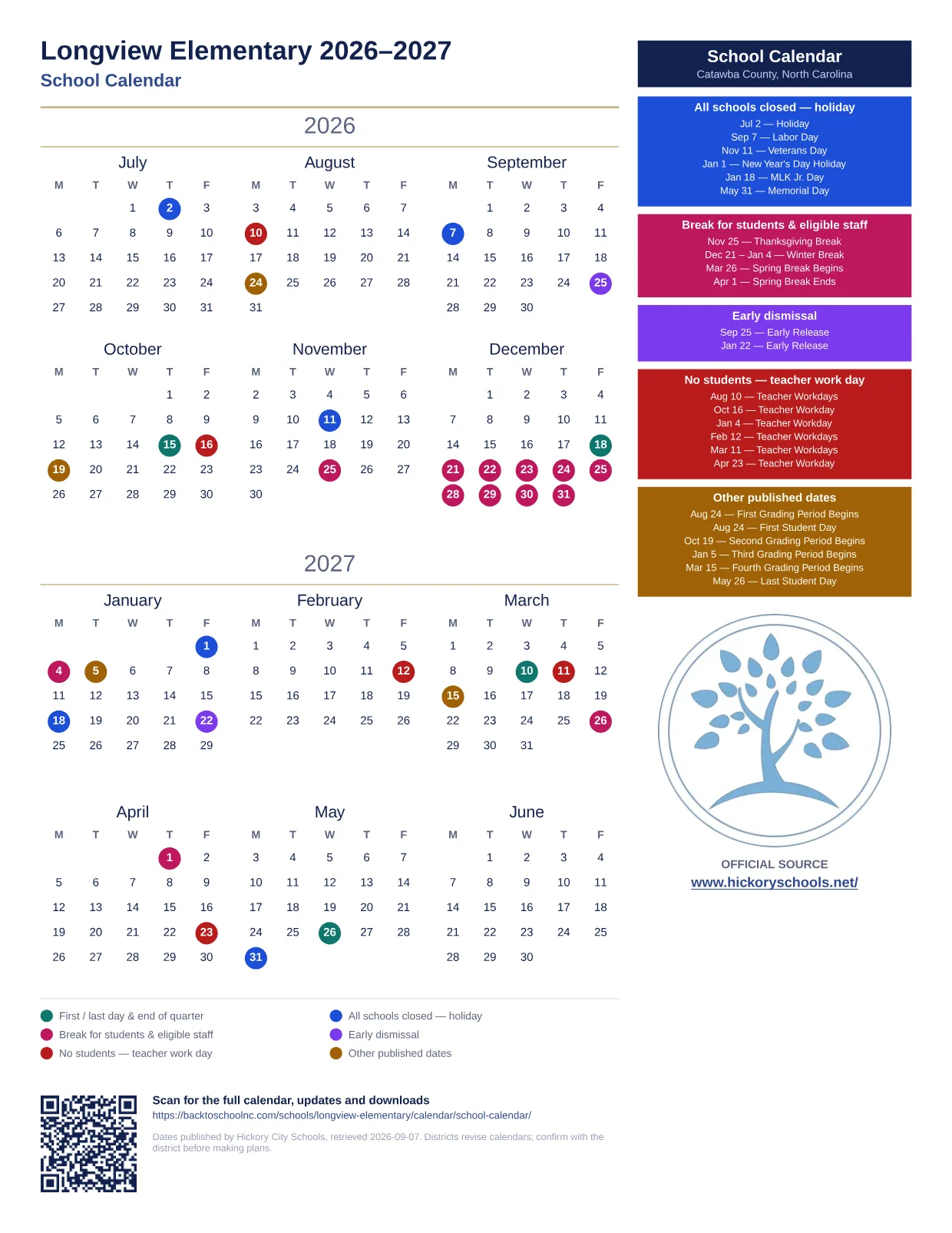Longview Elementary  printable calendar