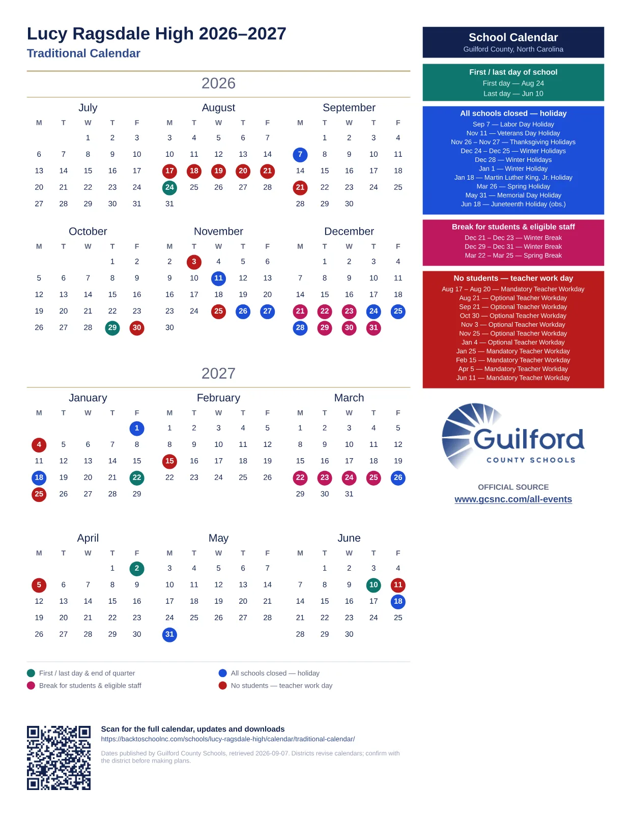 Lucy Ragsdale High 2026–2027 printable calendar
