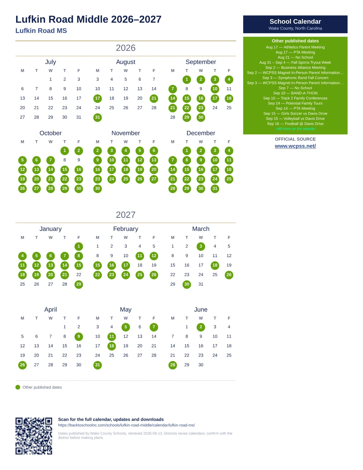 Lufkin Road Middle  printable calendar