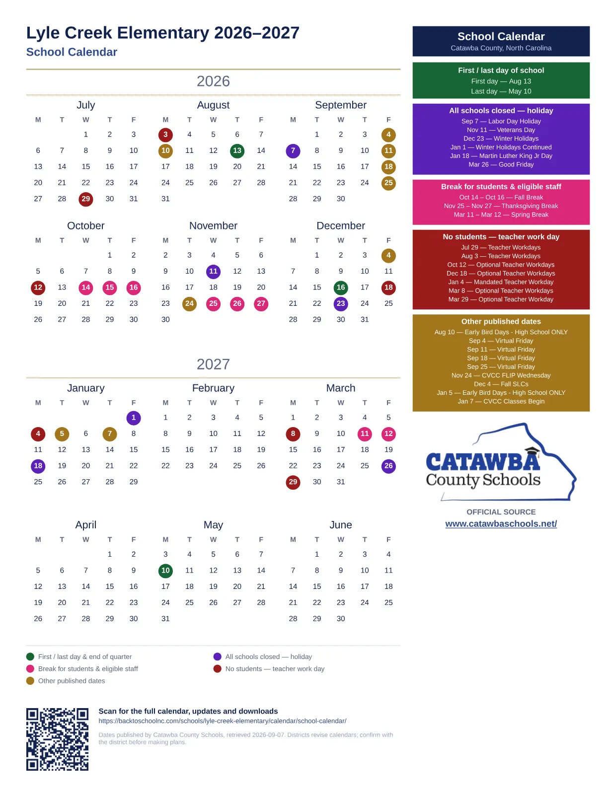 Lyle Creek Elementary 2026–2027 printable calendar