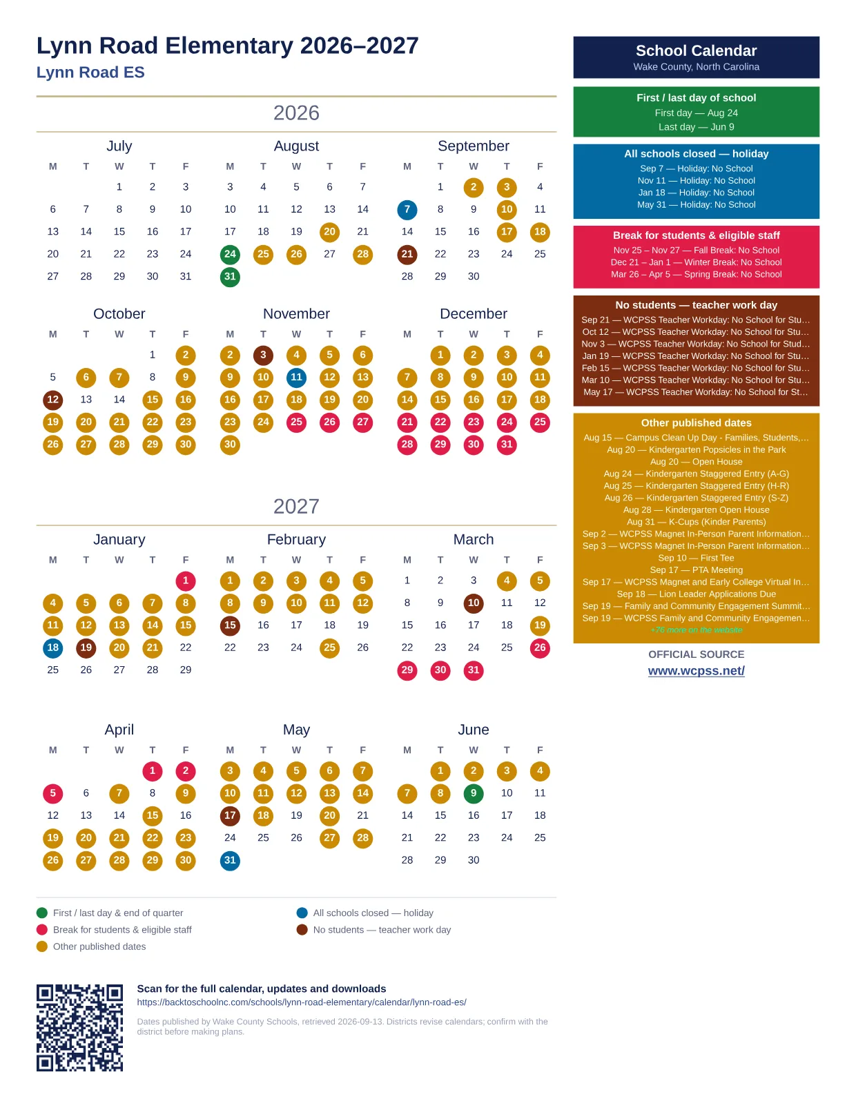 Lynn Road Elementary 2026–2027 printable calendar