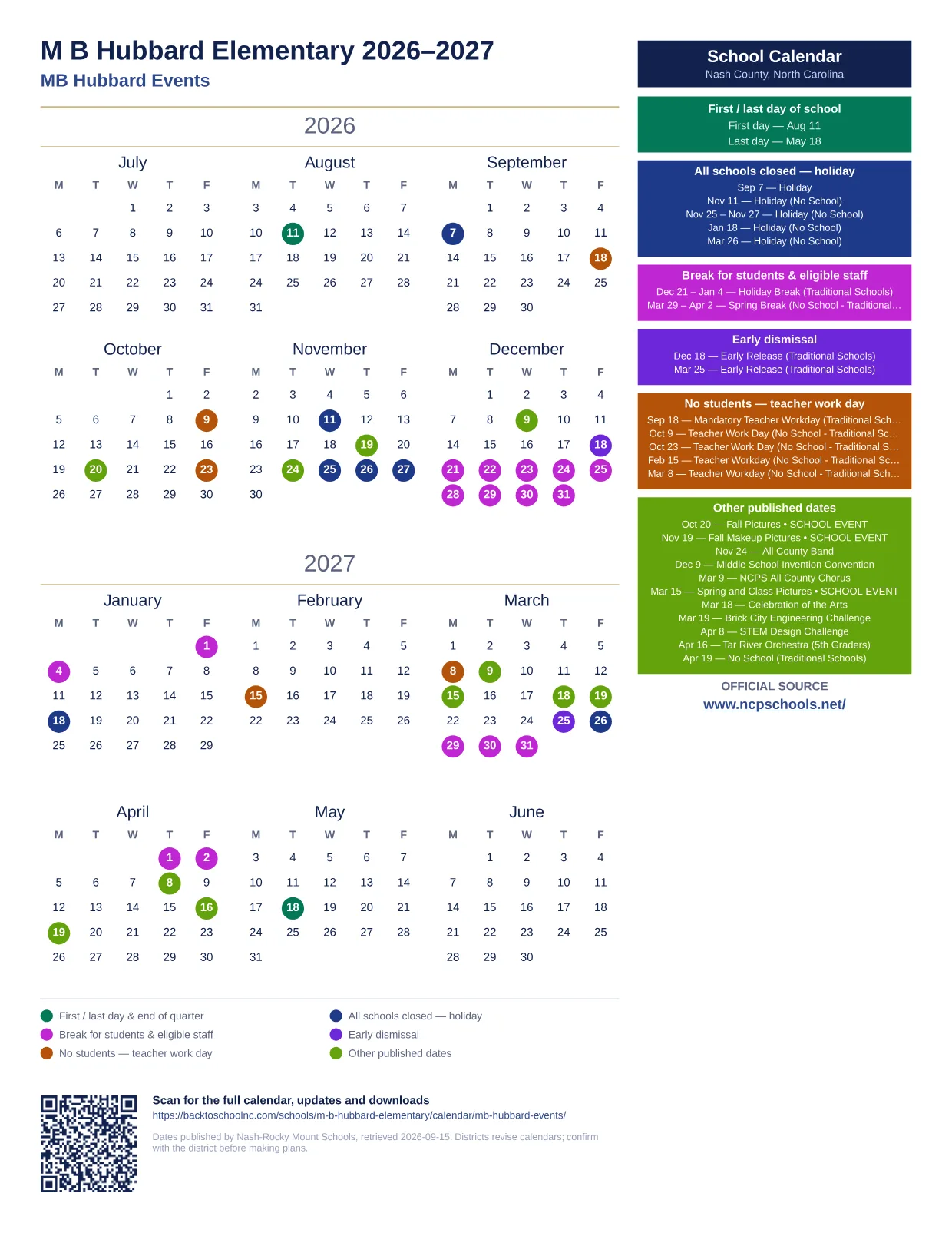 M B Hubbard Elementary 2026–2027 printable calendar