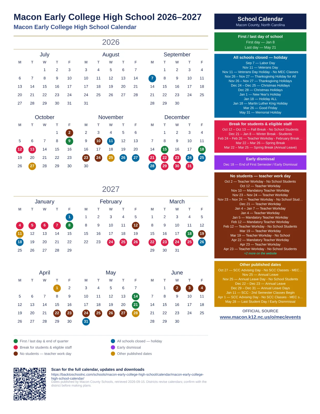Macon Early College High School 2027–2028 printable calendar