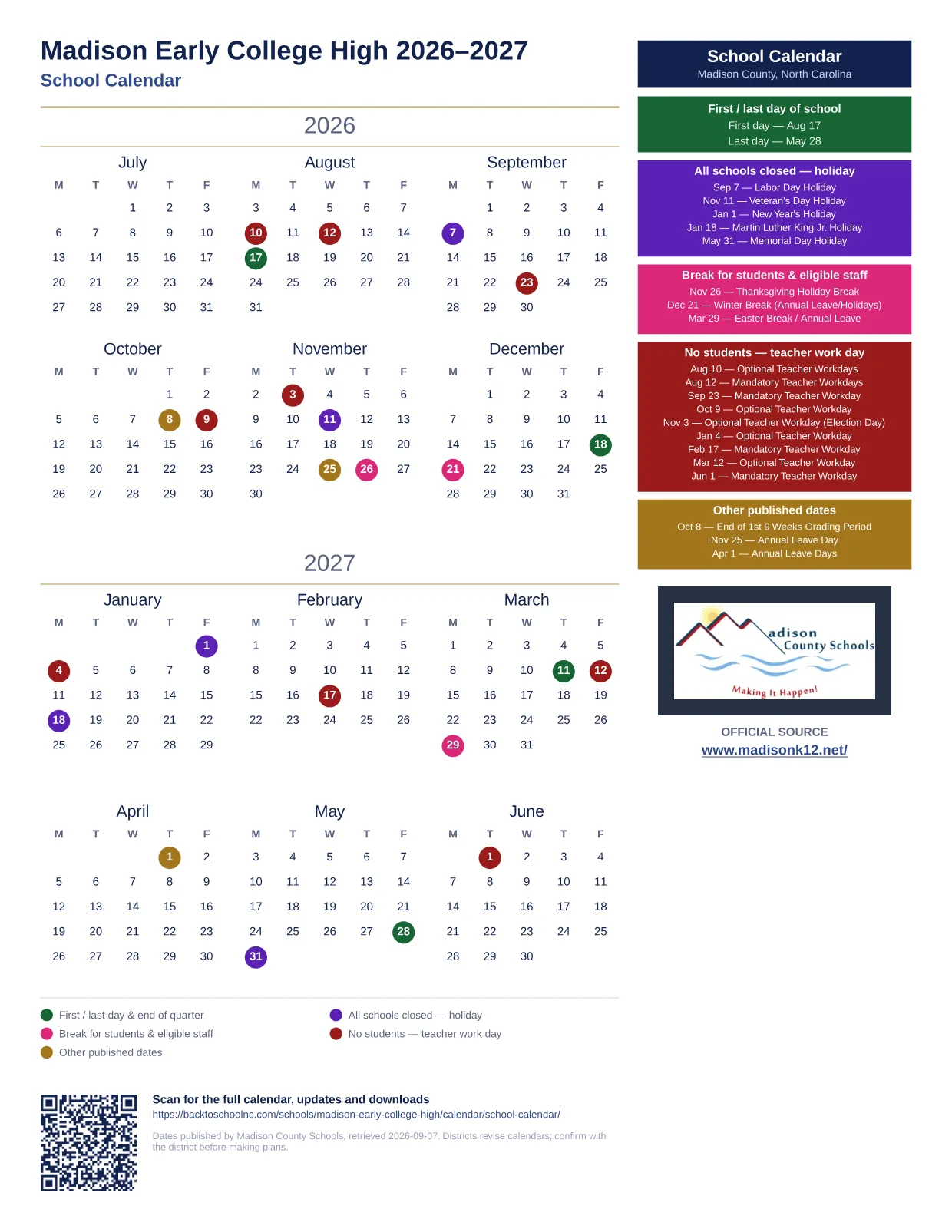 Madison Early College High 2026–2027 printable calendar
