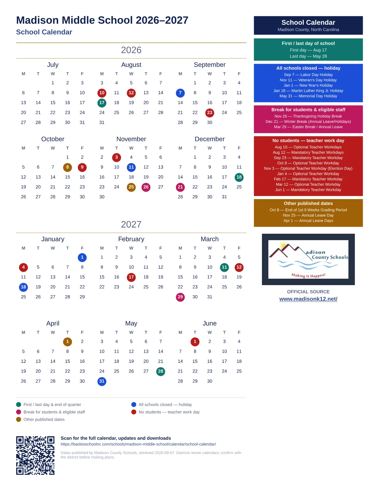 Madison Middle School 2026–2027 printable calendar