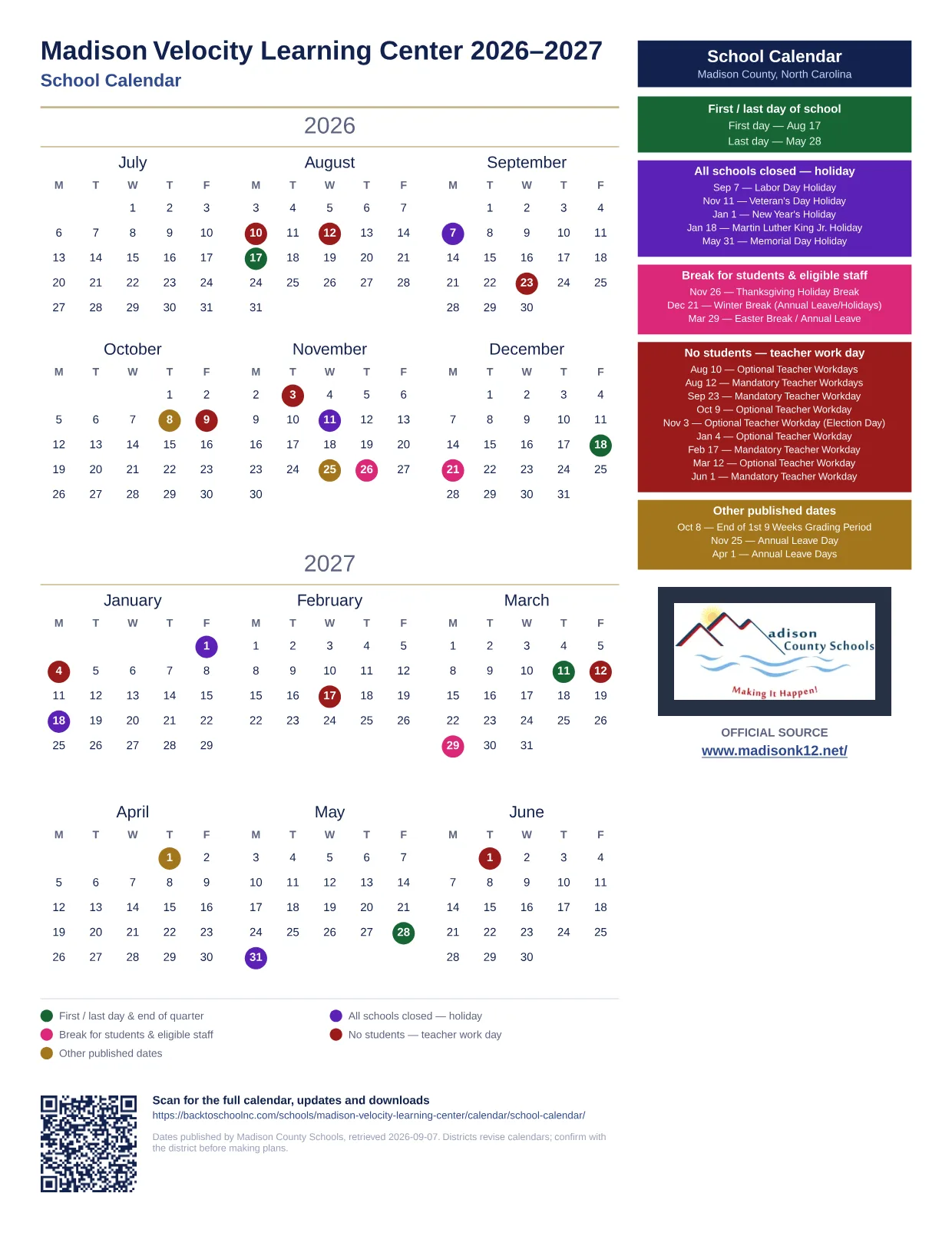 Madison Velocity Learning Center 2026–2027 printable calendar