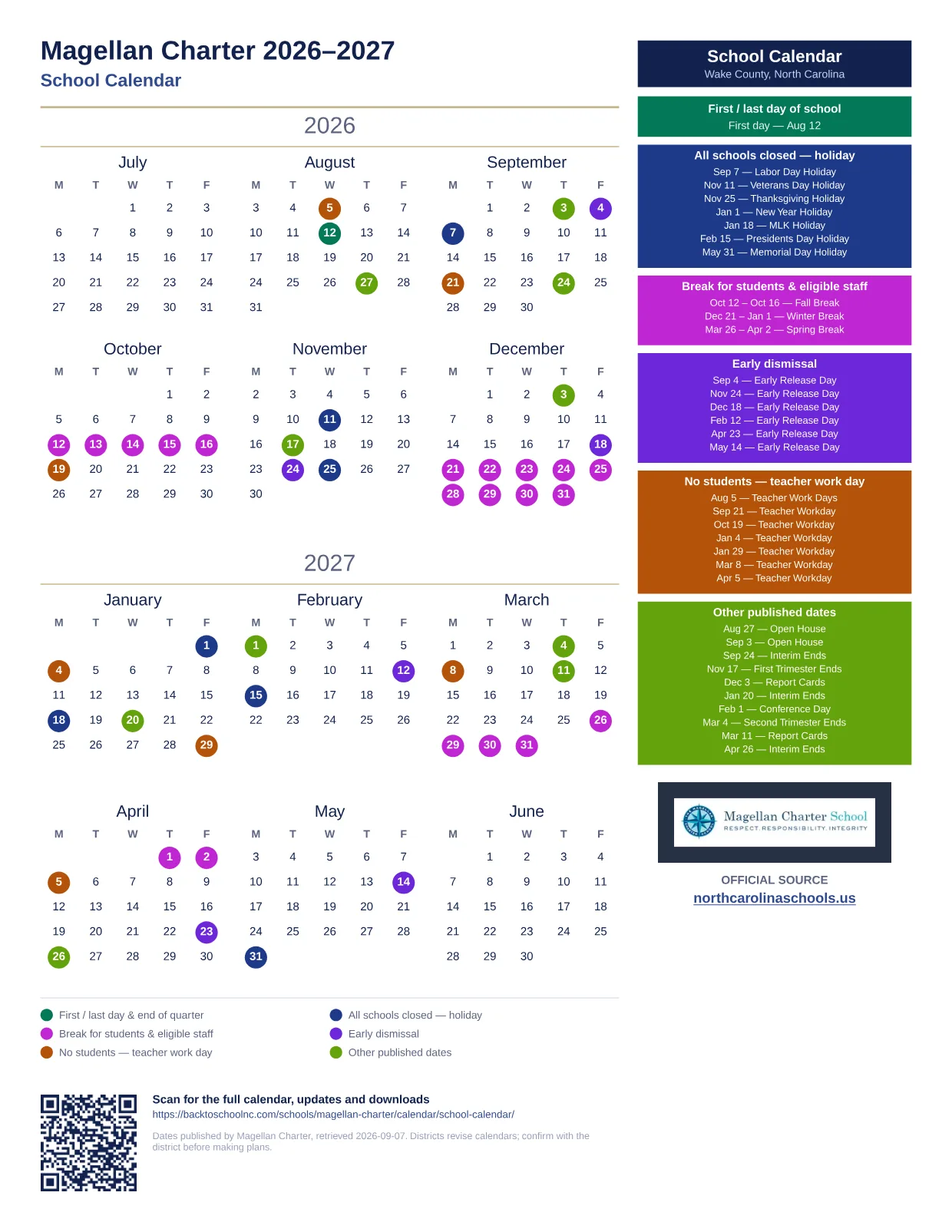 Magellan Charter School Calendar 2026–2027 printable calendar
