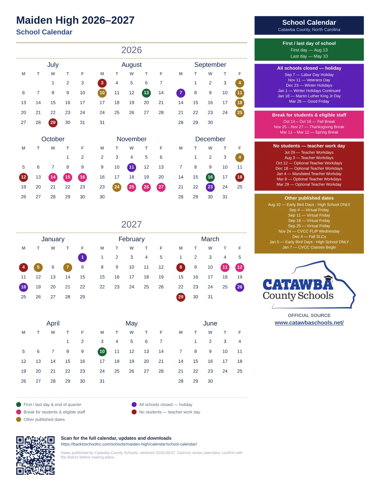 Maiden High 2026–2027 printable calendar
