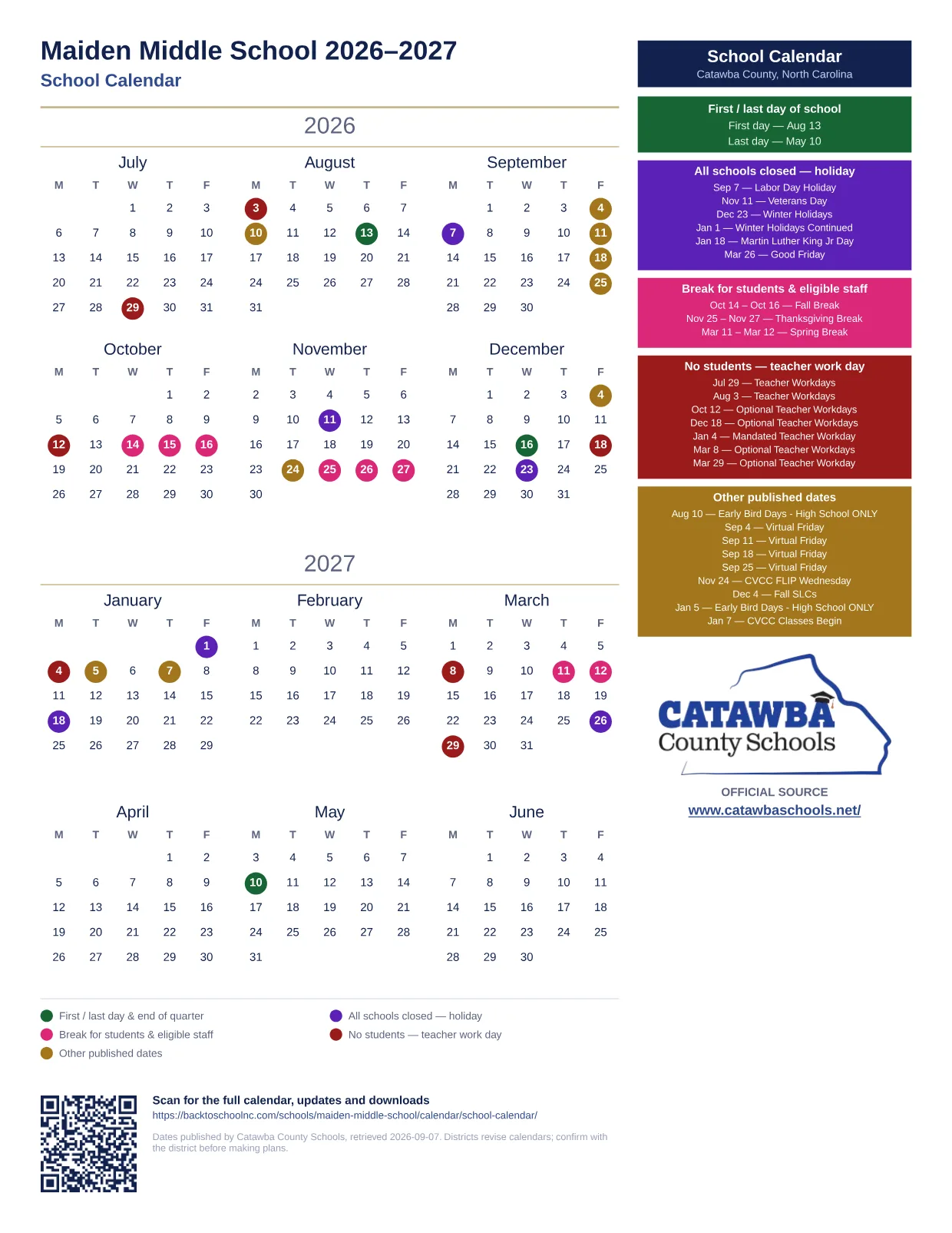 Maiden Middle School 2026–2027 printable calendar