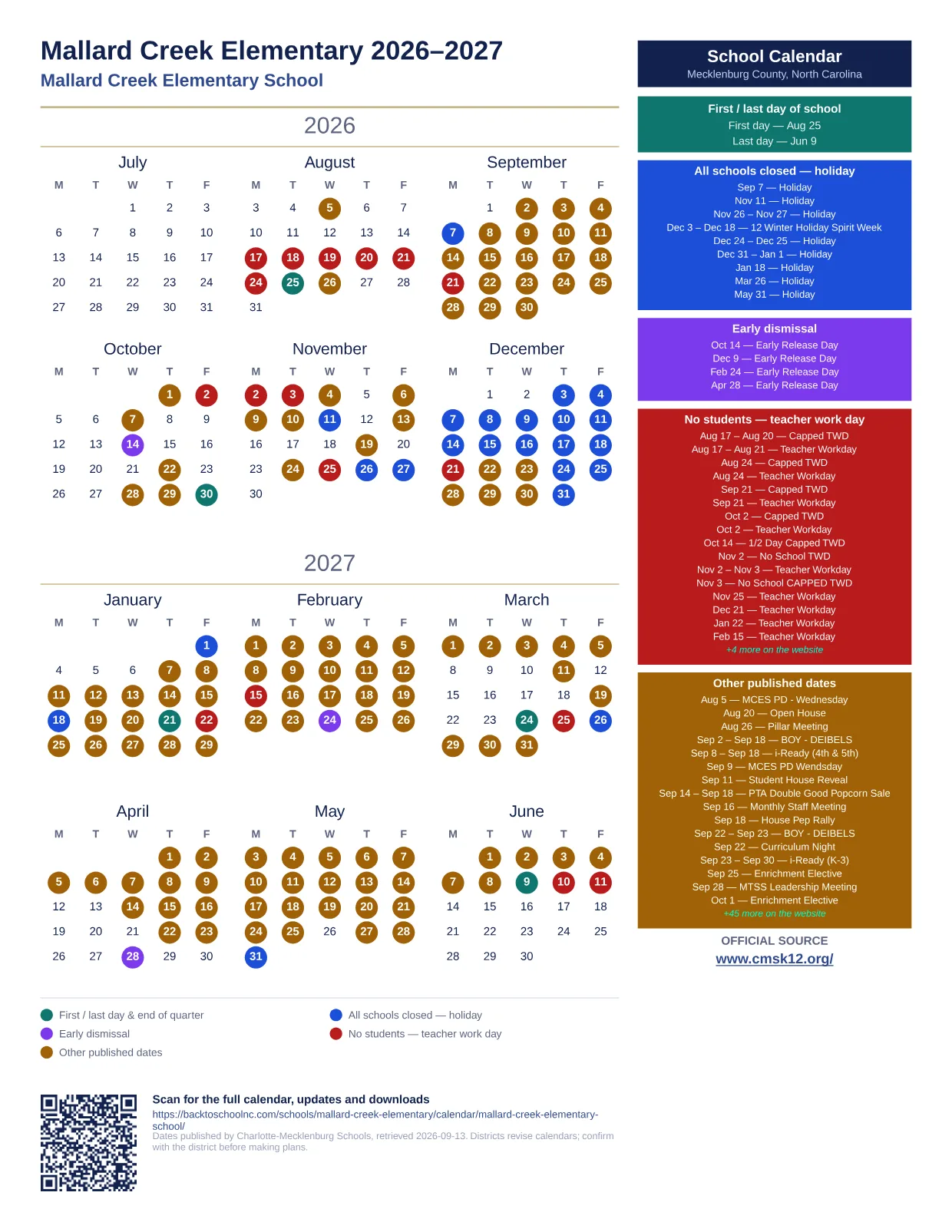 Mallard Creek Elementary 2026–2027 printable calendar