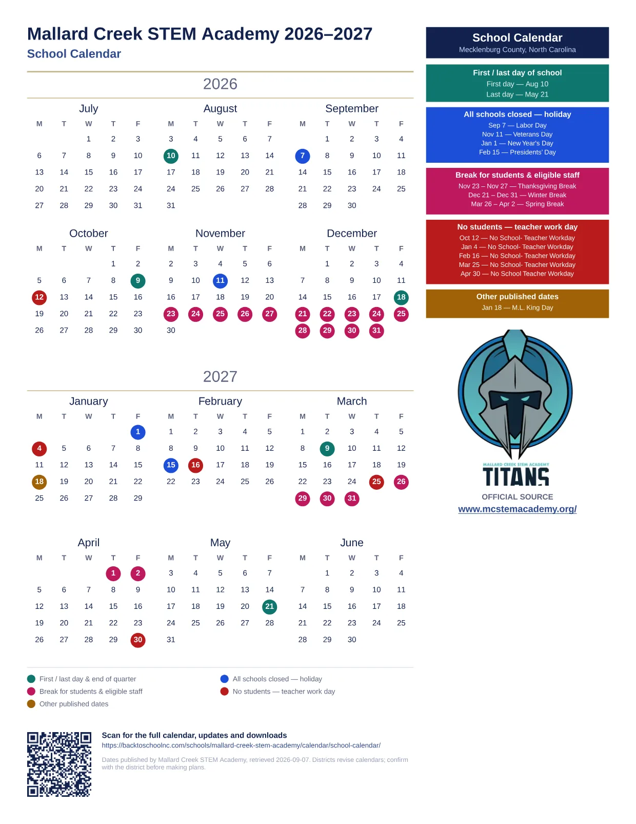 Mallard Creek STEM Academy School Calendar 2026–2027 printable calendar