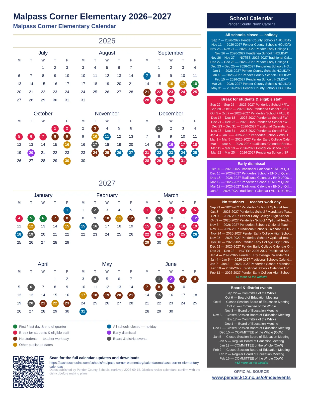 Malpass Corner Elementary  printable calendar