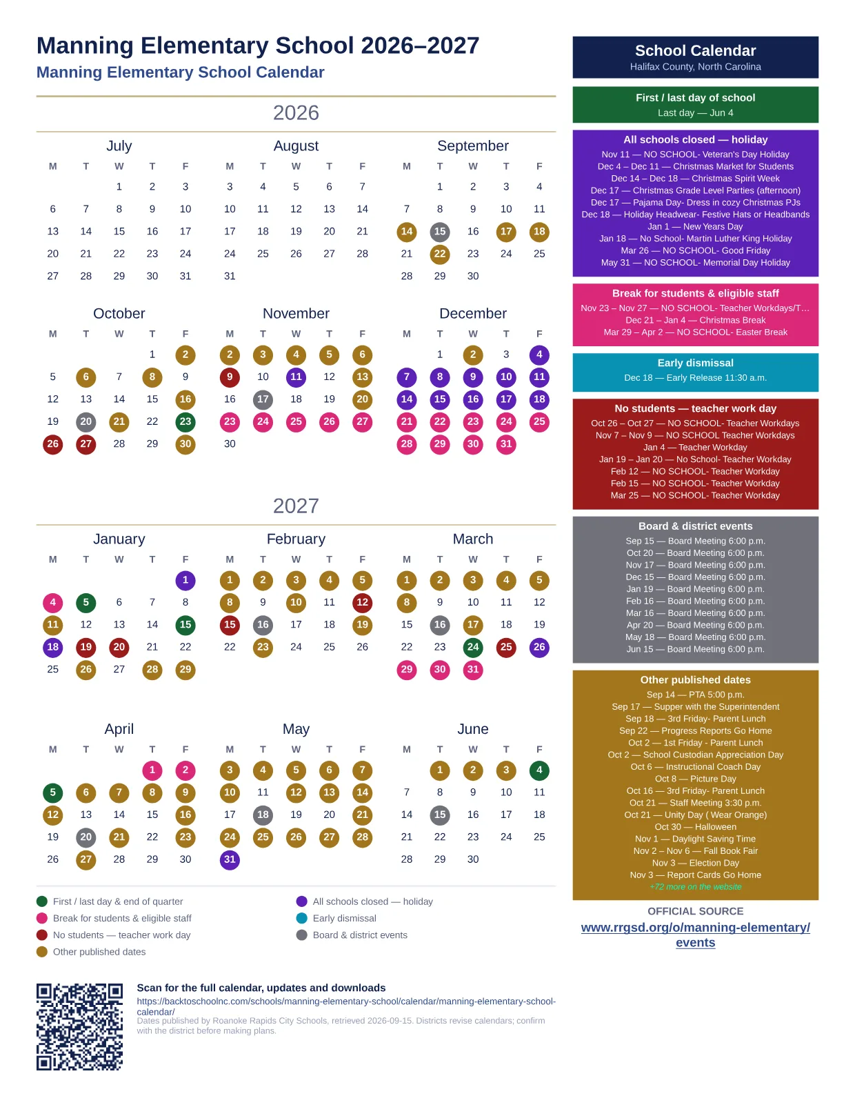 Manning Elementary School  printable calendar