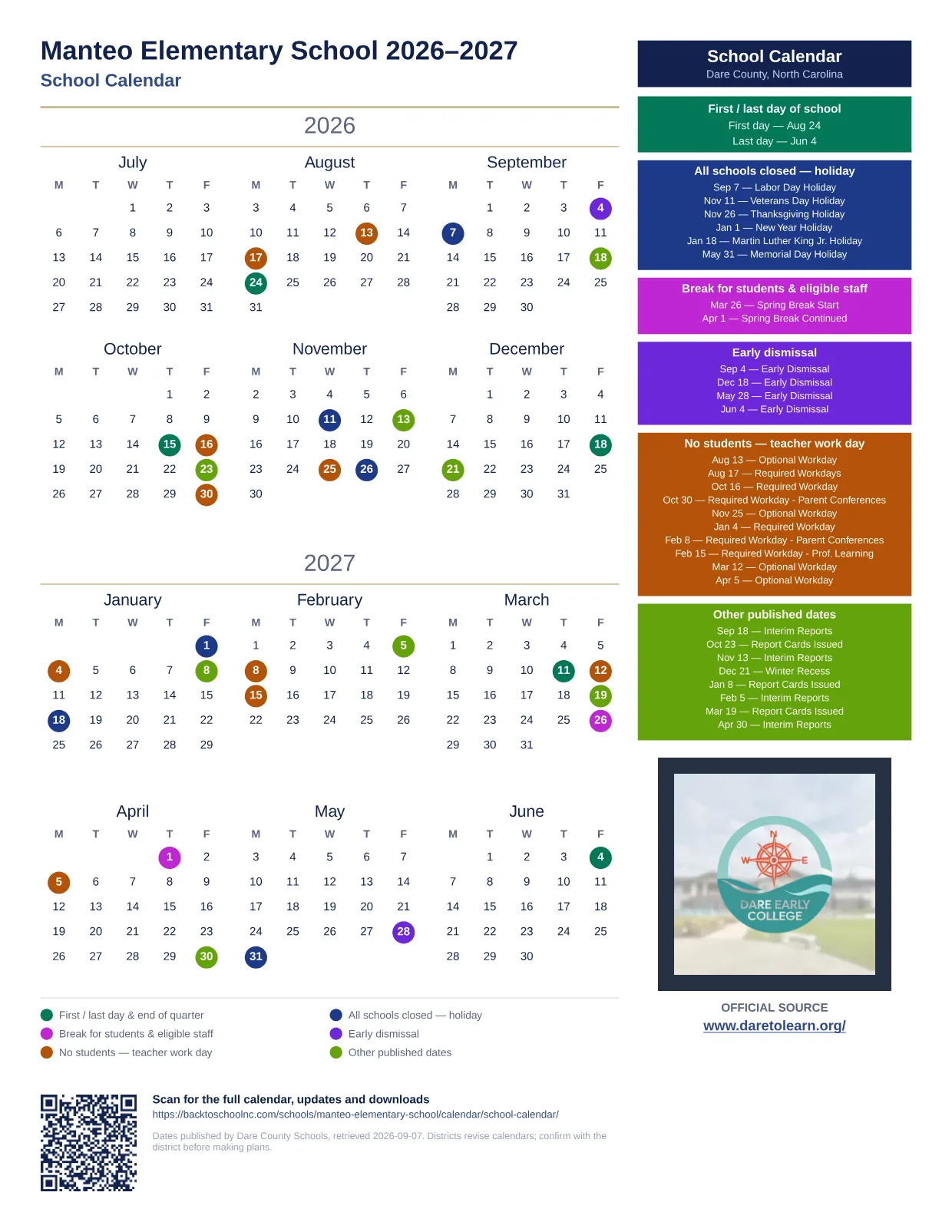 Manteo Elementary School 2026–2027 printable calendar