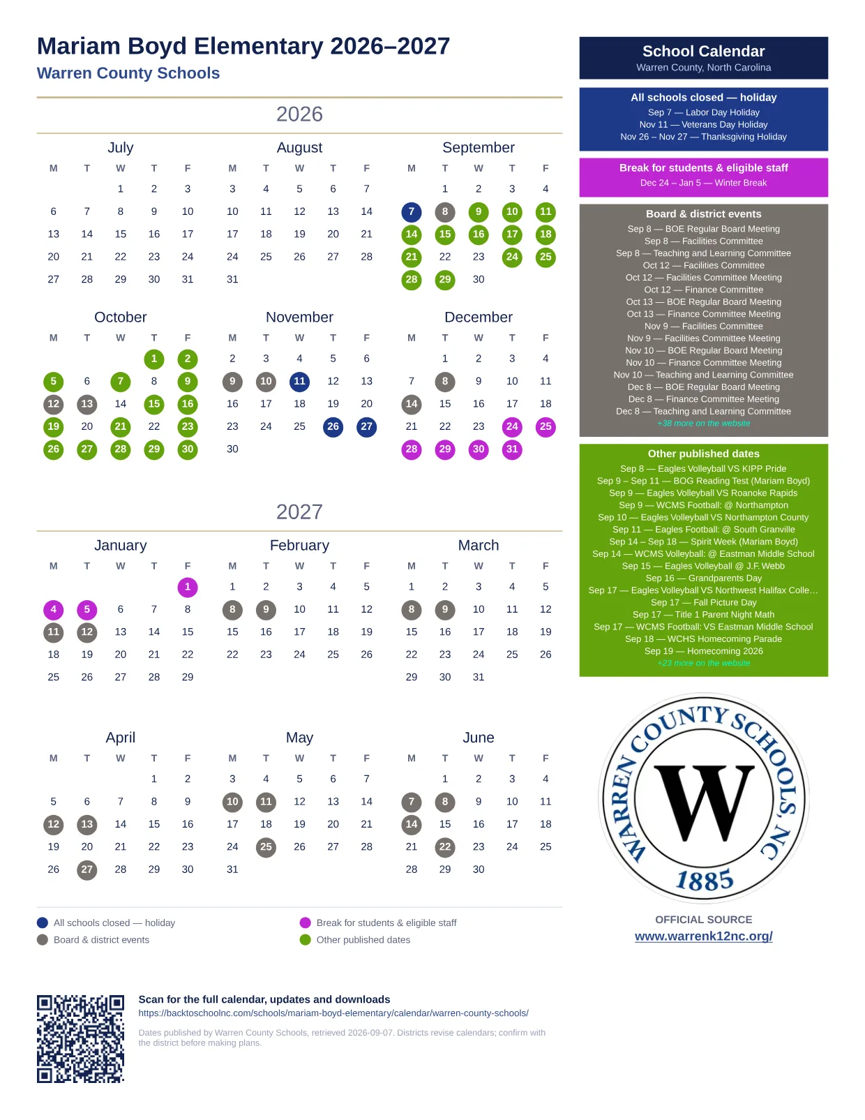 Mariam Boyd Elementary  printable calendar