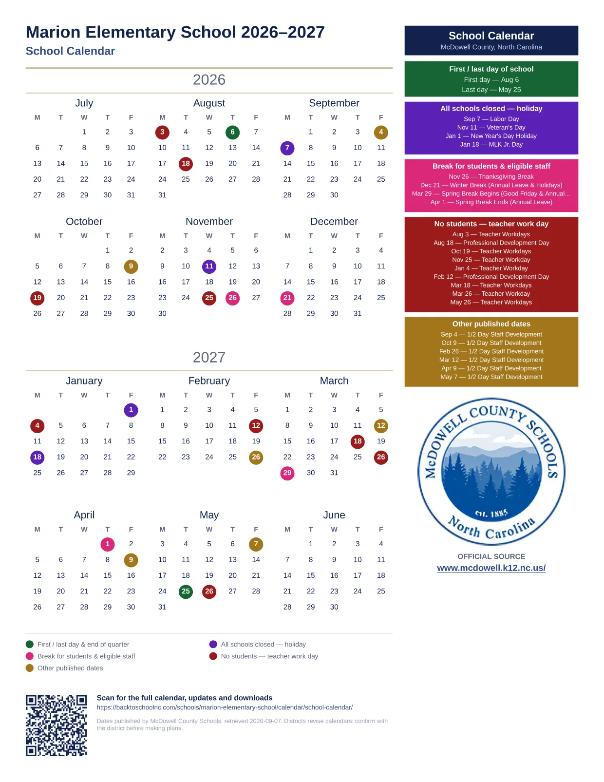 Marion Elementary School 2026–2027 printable calendar