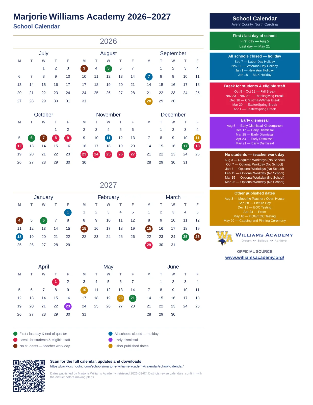 Marjorie Williams Academy School Calendar 2026–2027 printable calendar