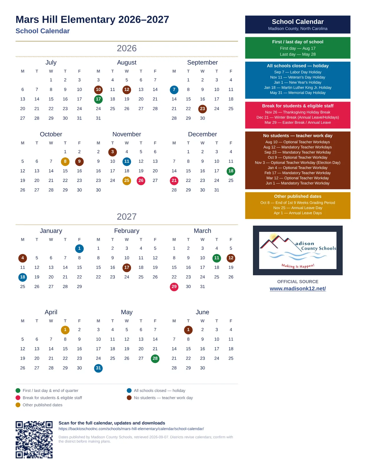 Mars Hill Elementary 2026–2027 printable calendar