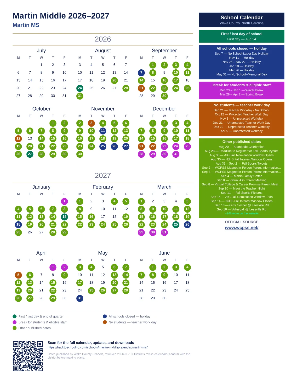 Martin Middle 2026–2027 printable calendar