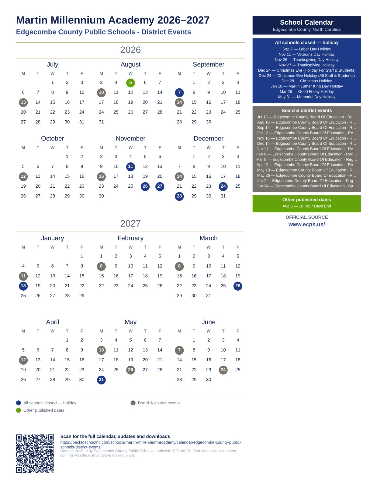 Martin Millennium Academy printable calendar