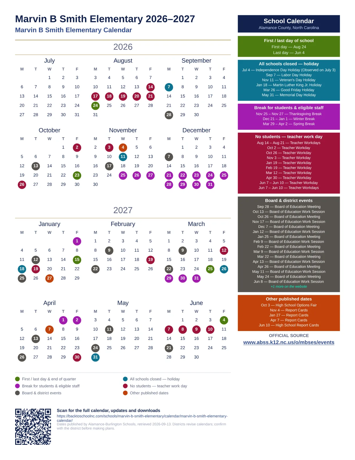 Marvin B Smith Elementary 2026–2027 printable calendar