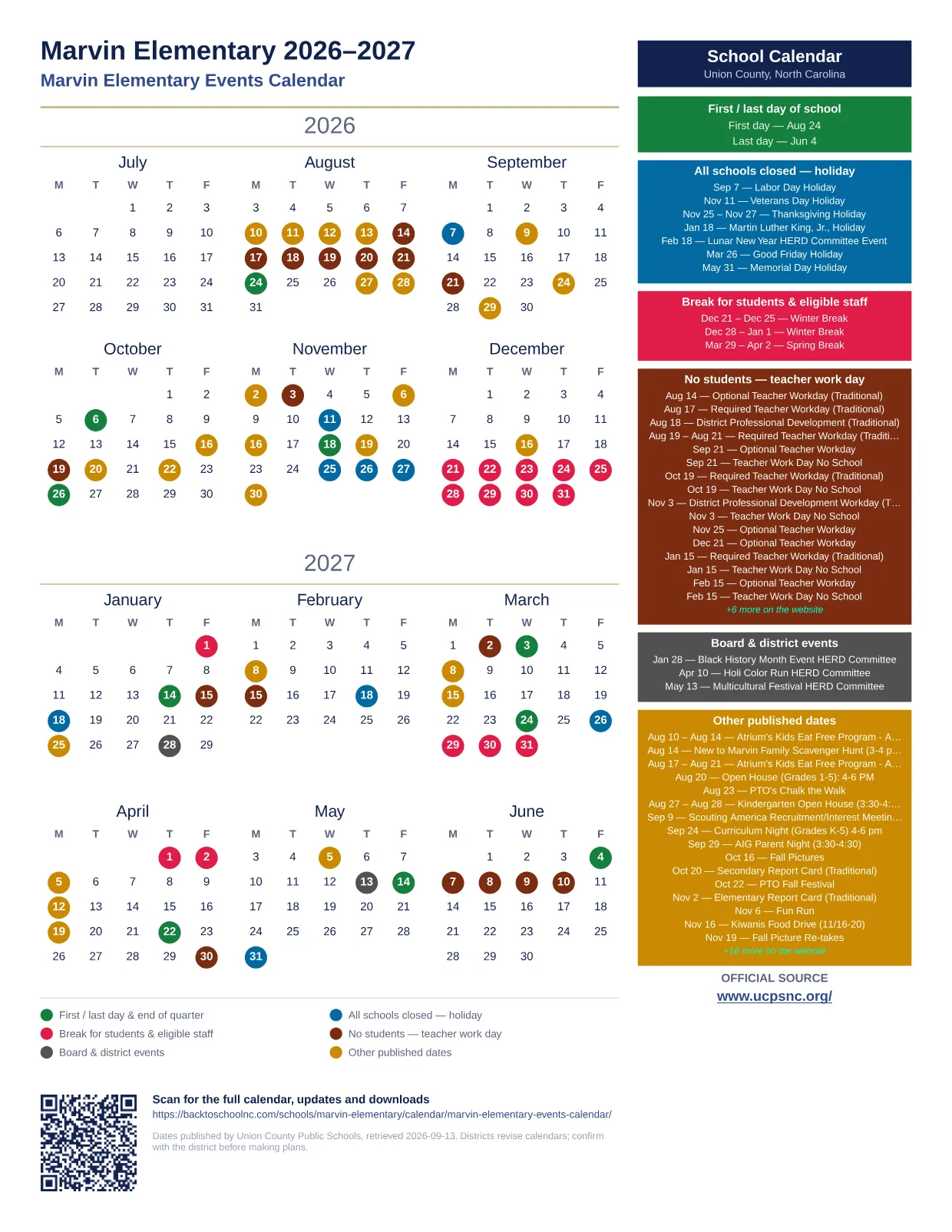 Marvin Elementary 2026–2027 printable calendar