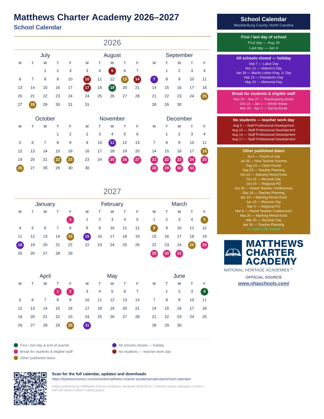 Matthews Charter Academy School Calendar 2026–2027 printable calendar